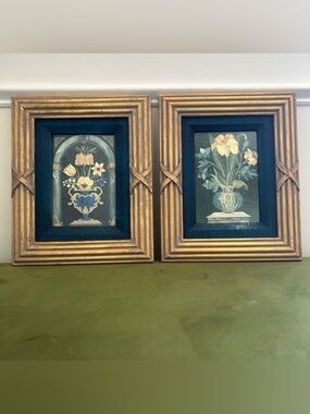 Pair of Italian-style Framed Artwork Floral Panel Prints 12x10”